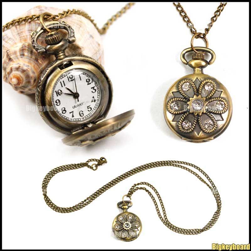   Bronze Crystal Rhinestone Long Necklace Pendant Pocket Watch  