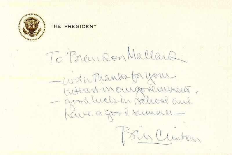 WILLIAM J. BILL CLINTON   AUTOGRAPH NOTE SIGNED  