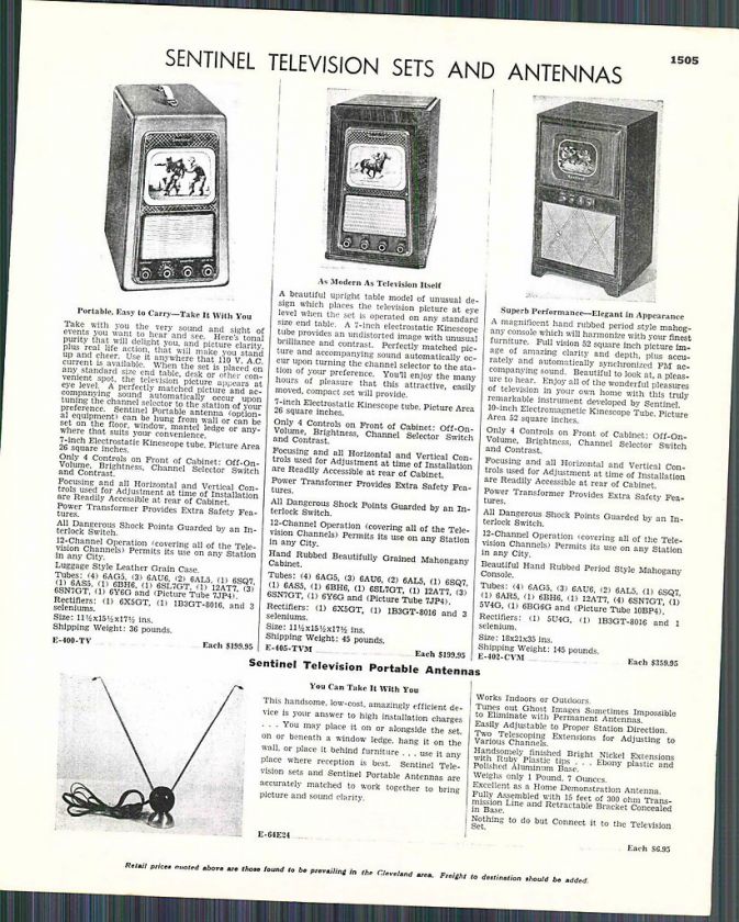 1950 Ad Sentinel Television Sets TV Portable ORIGINAL ADVERTISING 