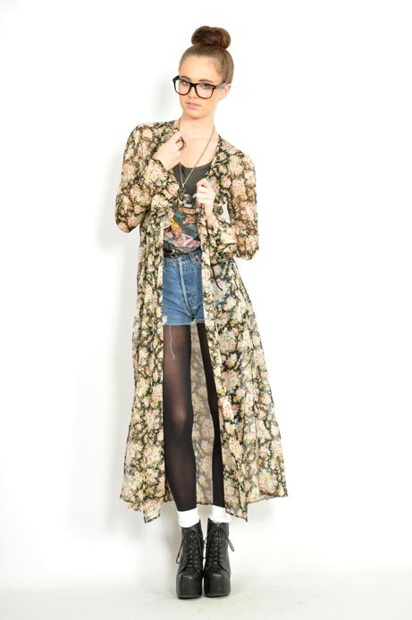 Vtg 90s Sheer FLORAL REVIVAL RUFFLE GYPSY Boho Hippie GRUNGE Kimono 