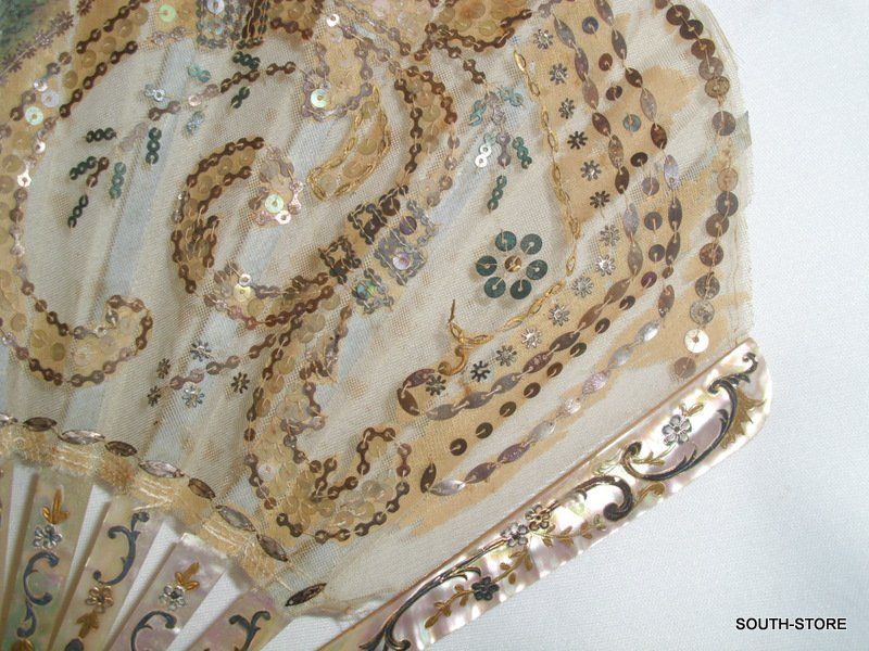   MOP HANDPAINTED SILK & TULLE FAN w/ SEQUINS. MORE FANS LISTED  