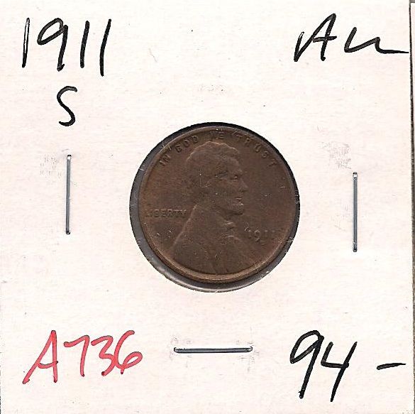 1911 S Lincoln Wheat One Cent Almost Uncirculated A736  