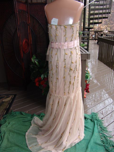   COUTURE EMBROIDERED gold MESH pink GOWN long dress $16,000 14 L  