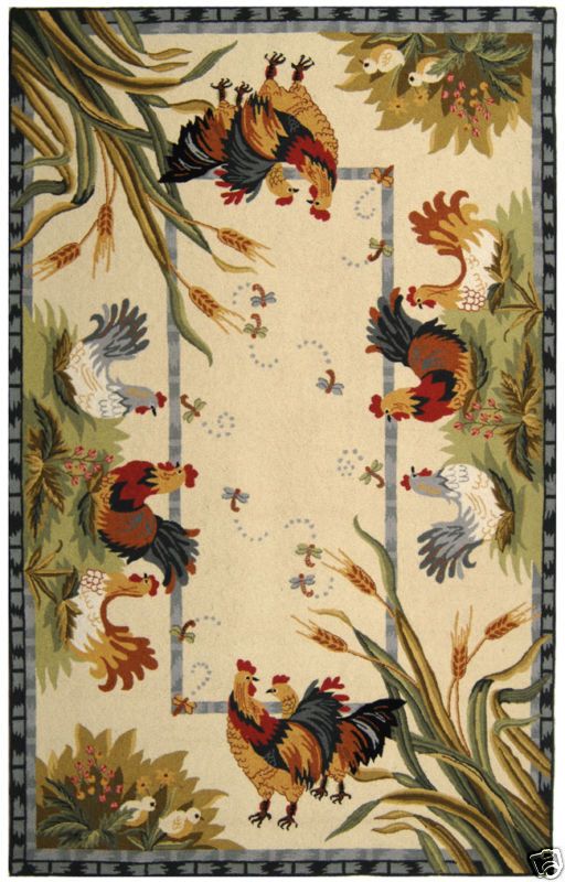 Hand hooked Roosters Ivory Wool Area Rug 5 x 8  