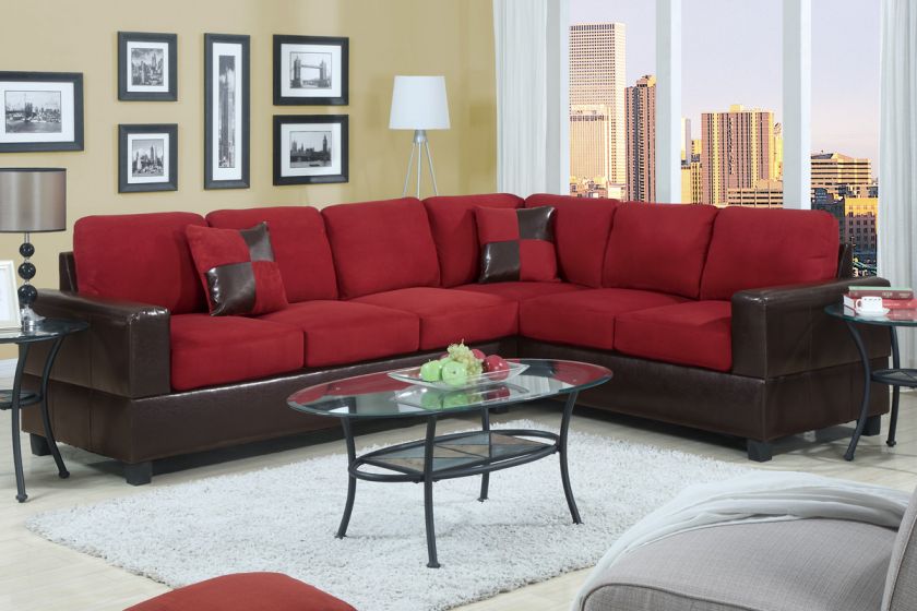 RED Sectional Couch 2 Pc Sofa Loveseat Wedge Microfiber Plush 