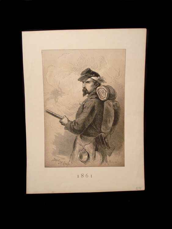 NICE VINTAGE LITHO OF CIVIL WAR SOLDIER RIFLE KNAPSACK  