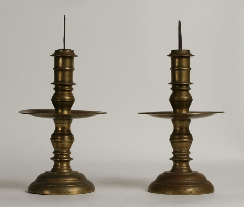 Pair of Early Dutch Colonial Brass Candlesticks/17th 18th Century 