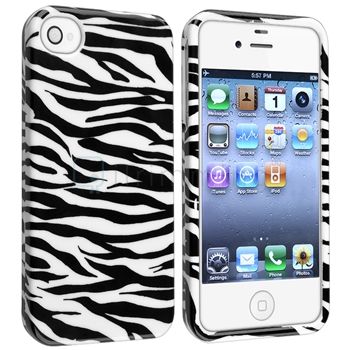 White/Black Zebra Pattern Case+LCD Film+Wall+Car Charger For iPhone 4 