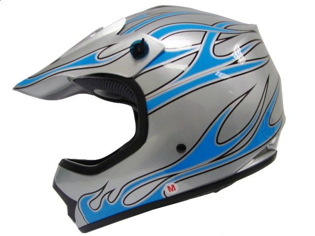 YOUTH SILVER BLUE FIRE DIRT BIKE ATV MOTOCROSS HELMET~S  