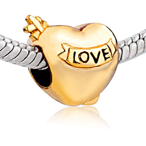 PUGSTER BEAD HOLLOW HEART ENGRAVED LOVE GOLDEN TONE CHARM FOR BRACELET 