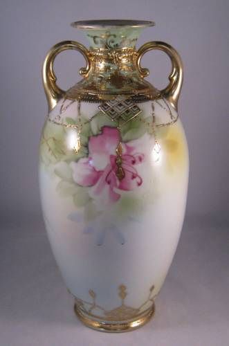   Vase with Dripping Gold & Pink/Orange Flowers Maple Leaf #52  