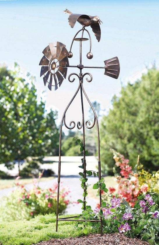   Iron Metal Spinner With Dipping Bird & Windmill Garden Trellis  