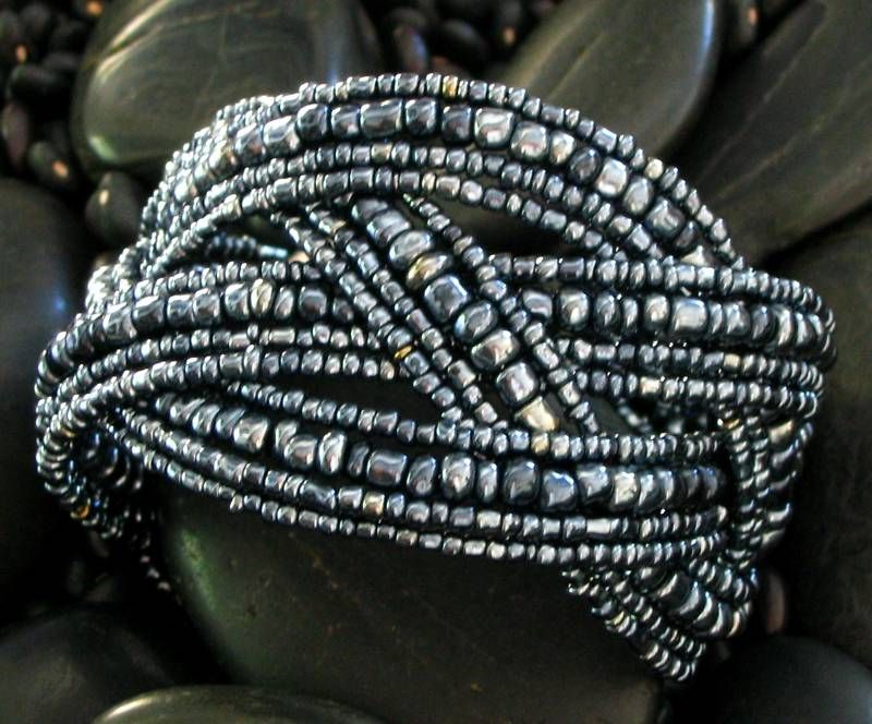 JJBZ HEMATITE COLOR GLASS BEADED SPRING CUFF BRACELET  