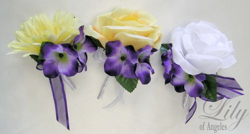 rose accented with purple hydrangeas and decorated with purple bow