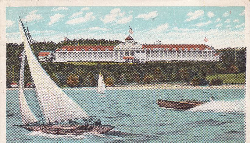 Mackinac Island Grand Hotel MI sailboat postcard  