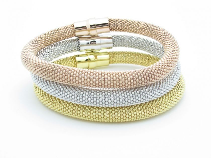 TRI COLOR GOLD SILVER DIAMOND CUT WIDE MESH BRACELET  