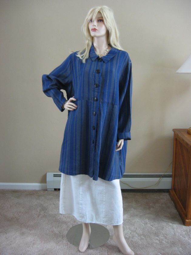 FLAX 10 Limited GREY & BLUE STRIPE Funky Artsy Linen DRESS JACKET S/M 