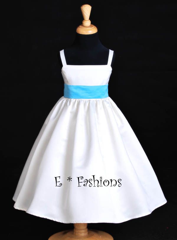 WHITE TURQUOISE BLU FLOWER GIRL DRESS L 2 4 6 8 10 #832  