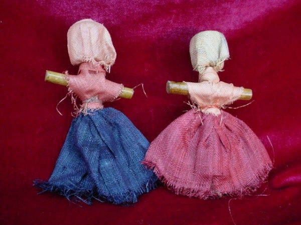 PAIR Antique 1910s WOODEN PUPPET DOLLS Stick HAND PAINTED Handmade 